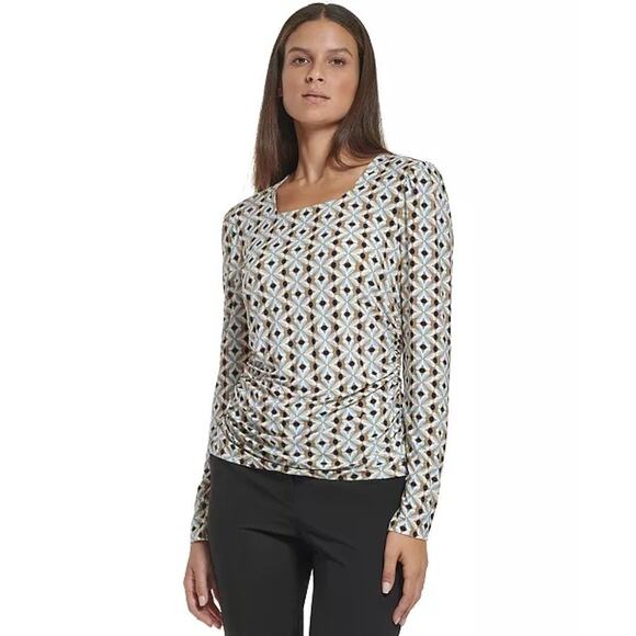 NWT Women's Geometric-Print Ruched Square-Neck Top Small - Picture 1 of 8